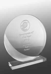 Employee of the Year Glass Trophy (Clear Glass Trophy with Sandblasted Finish – Circle)